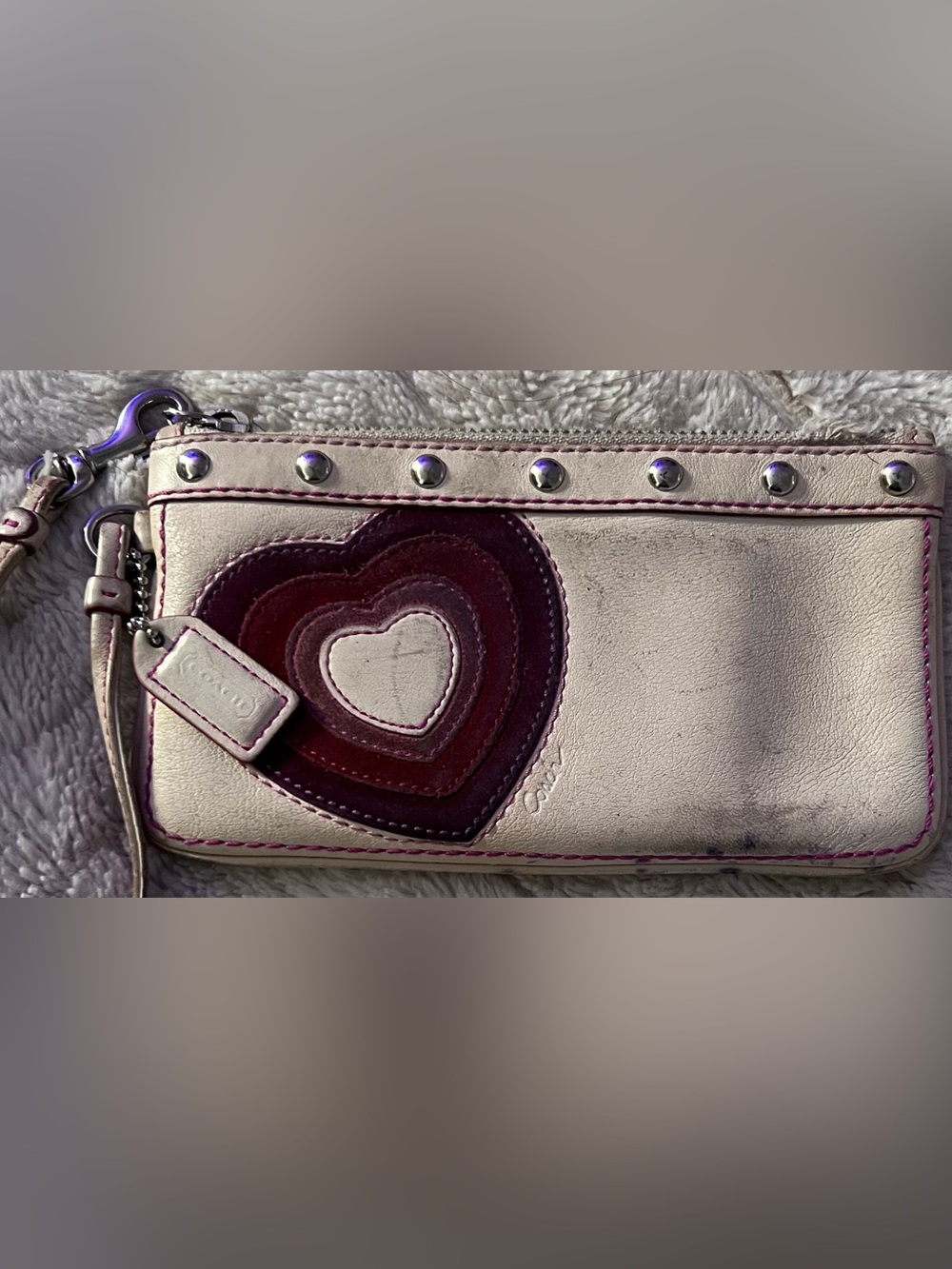 Coach Pink & White Heart Appliqué Leather Wristlet